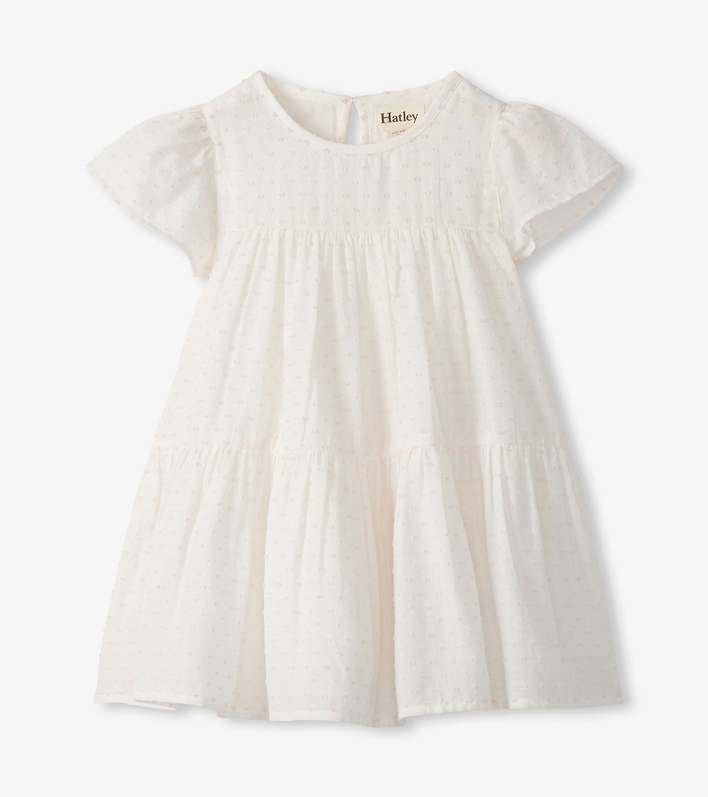 Pearl Swiss dot toddler dress with short puff sleeves, round neck, gathered waist, and tiered skirt