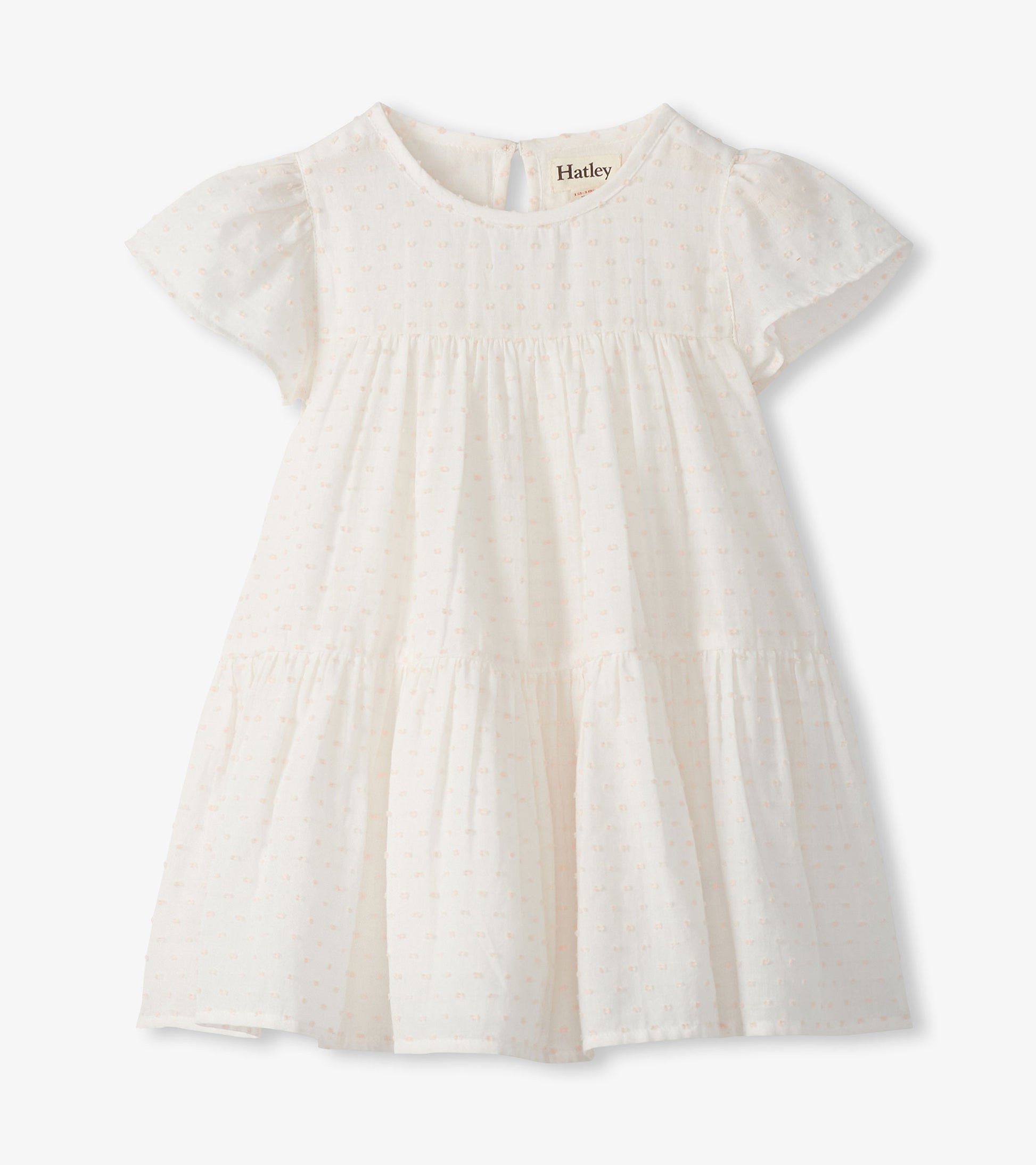Pearl Swiss dot toddler dress with short puff sleeves, round neck, gathered waist, and tiered skirt