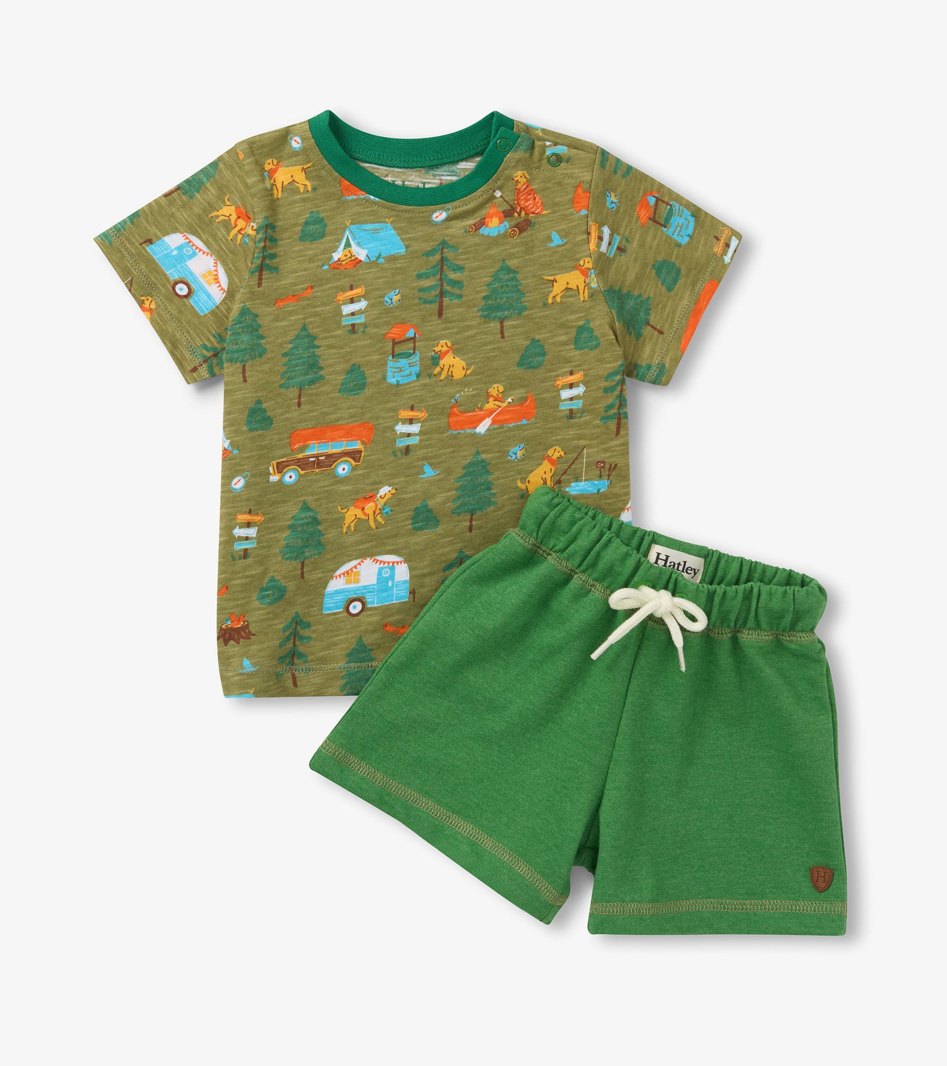 Toddler boys' camping print T-shirt and green shorts set, front view