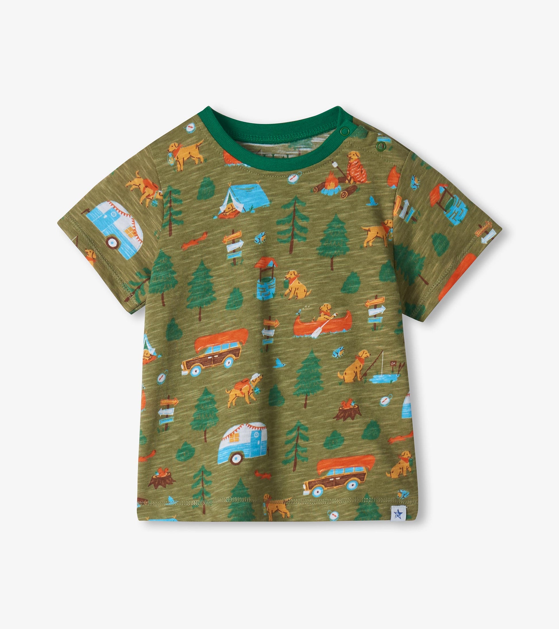 Olive green toddler T-shirt with camping print, green trim, and shoulder snaps, front view