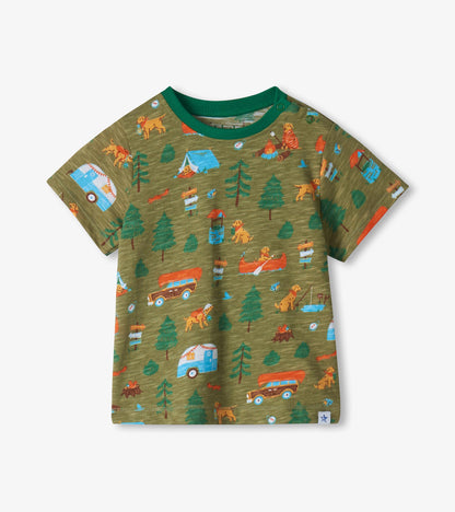 Olive green toddler T-shirt with camping print, green trim, and shoulder snaps, front view