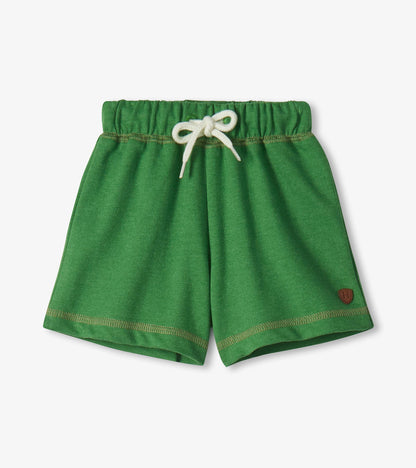 Green toddler shorts with white drawstring and small logo patch, front view