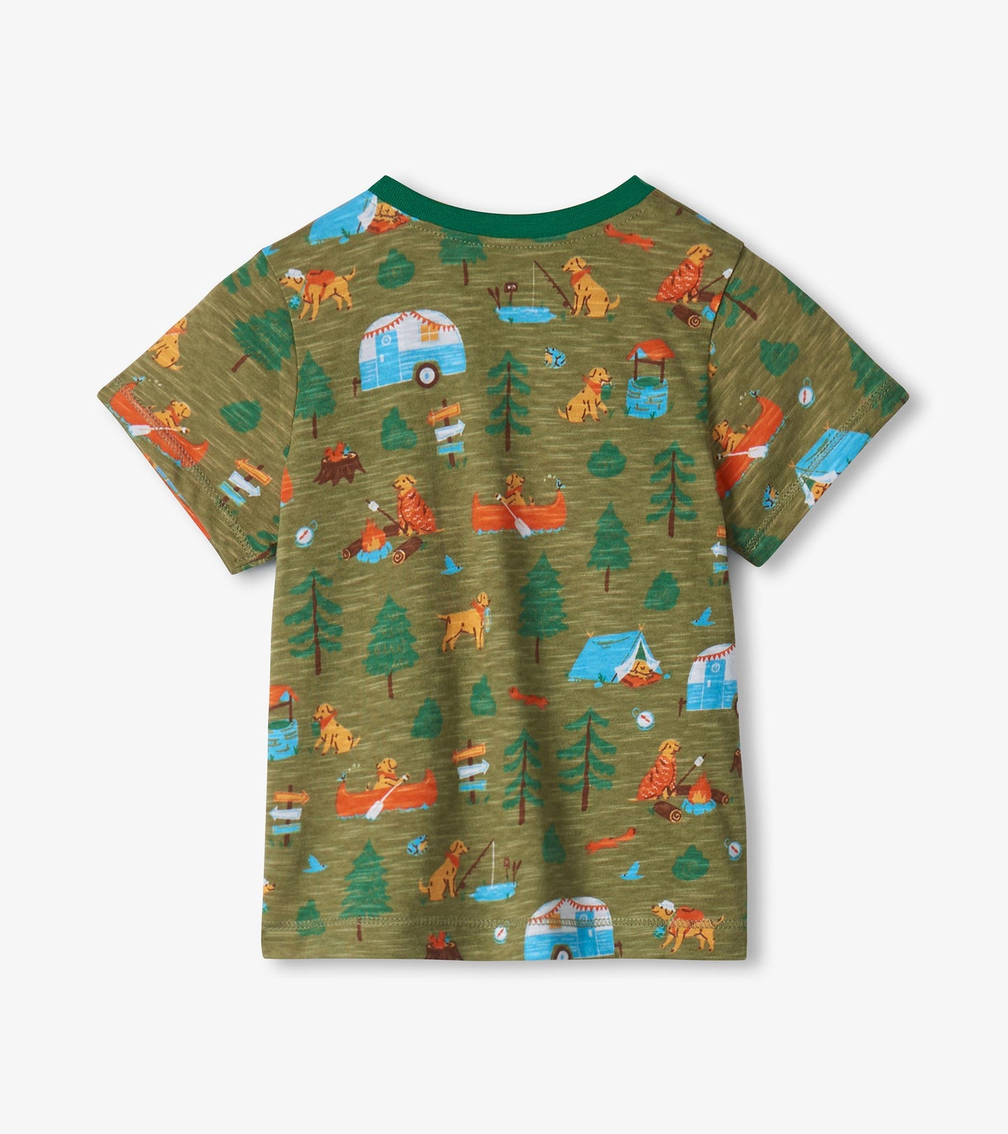 Olive green boys T-shirt with camping dog and tent print, short sleeves, front view