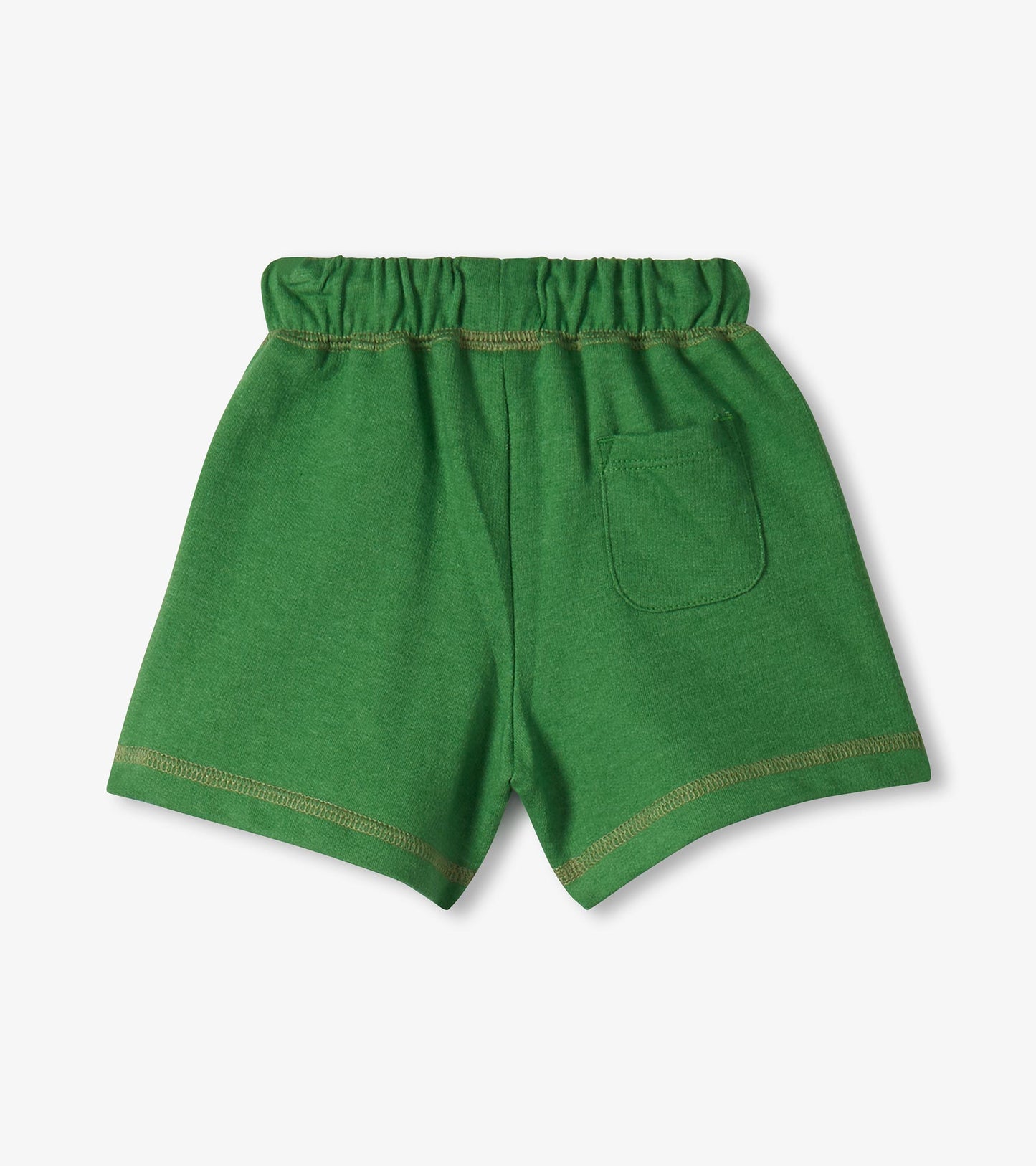 Green toddler shorts with elastic waistband and back pocket, front view