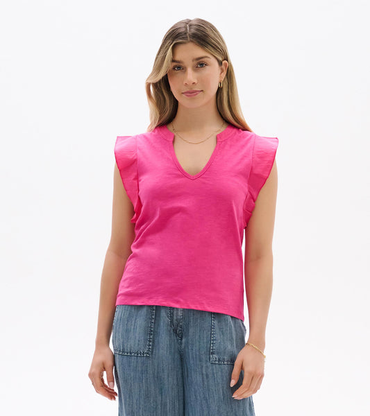 Bright pink sleeveless V-neck tank top with ruffled shoulders, front view