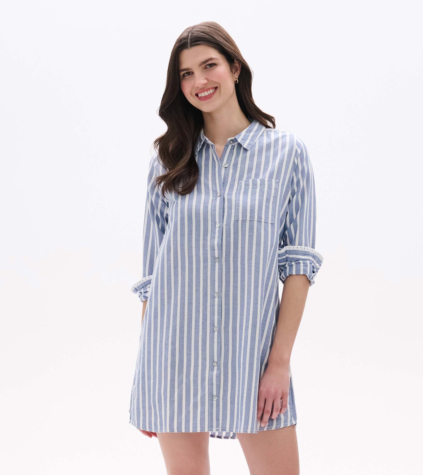 Front view of blue and white striped shirt dress with collar, button front, and chest pocket