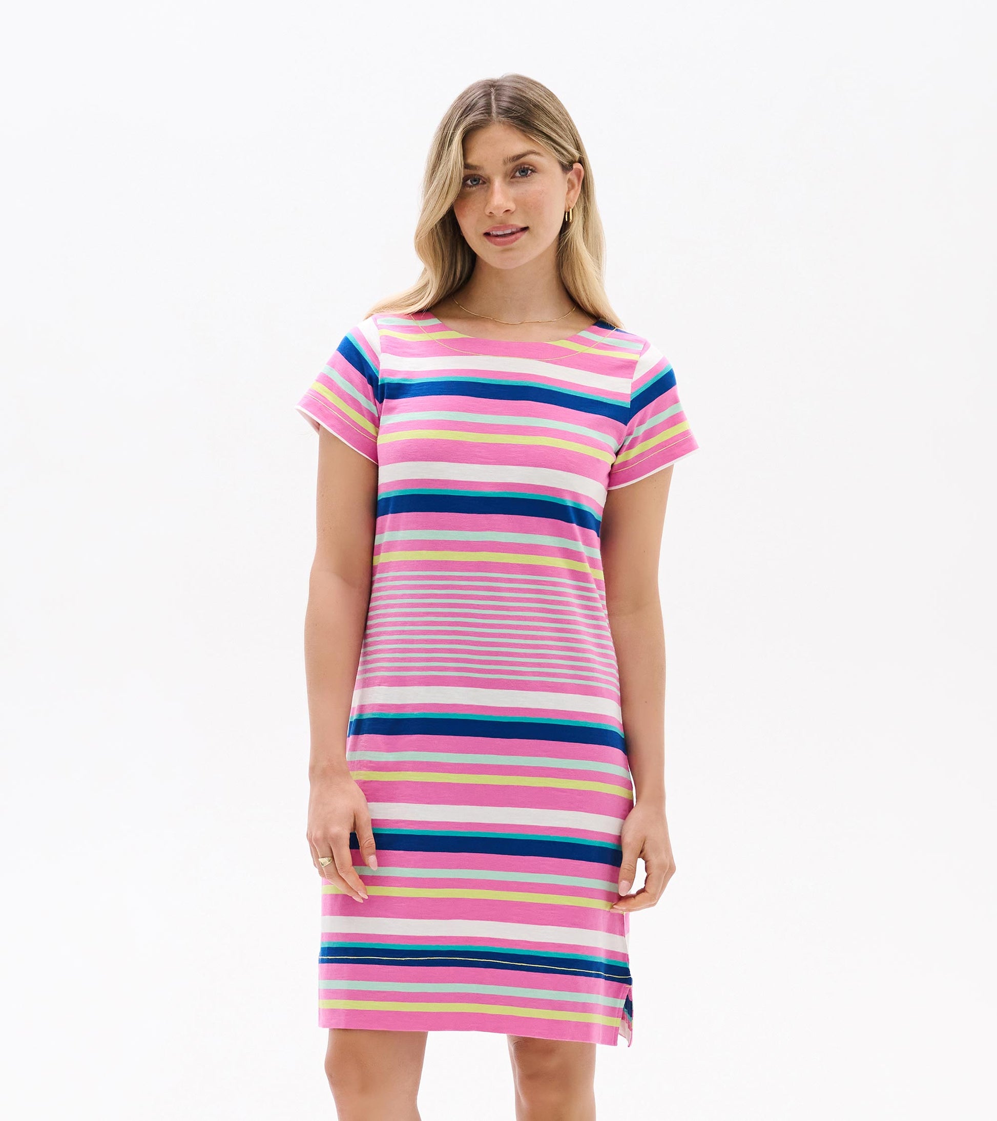 Short-sleeve pink striped tee dress with multicolor horizontal stripes, front view
