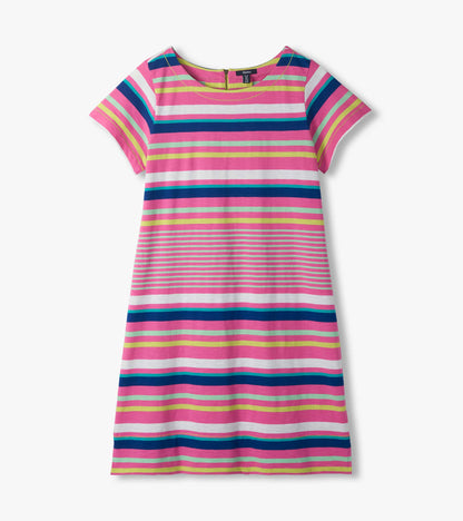 Front view of a pink striped short-sleeve tee dress with multicolor horizontal stripes and a back zipper.