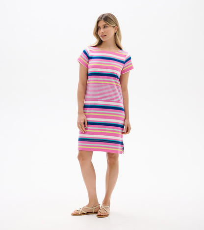 Woman wearing a short-sleeve pink striped tee dress with multicolor horizontal stripes and side slit, front view.