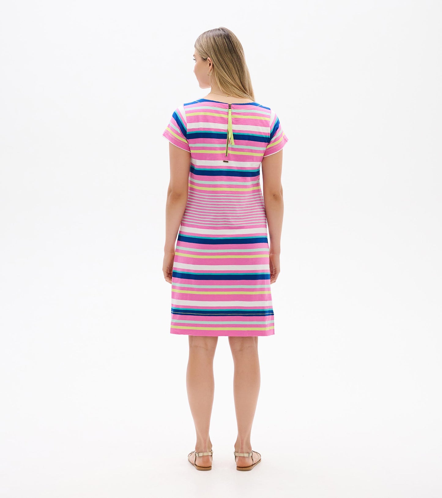 Back view of a pink striped short-sleeve tee dress with multicolor horizontal stripes and a zip back closure