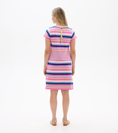 Back view of a pink striped short-sleeve tee dress with multicolor horizontal stripes and a zip back closure