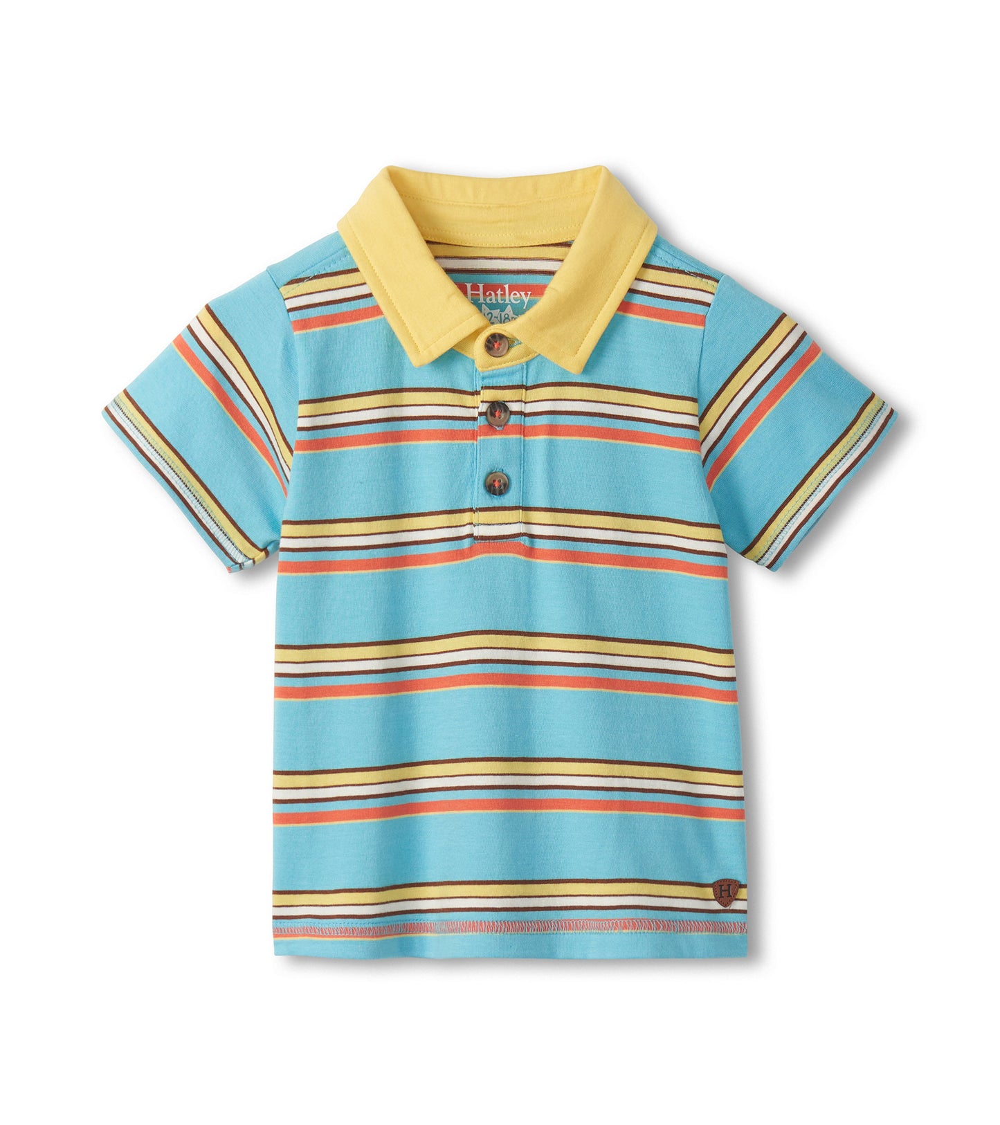 Blue striped short-sleeve polo shirt with yellow collar and button placket, front view