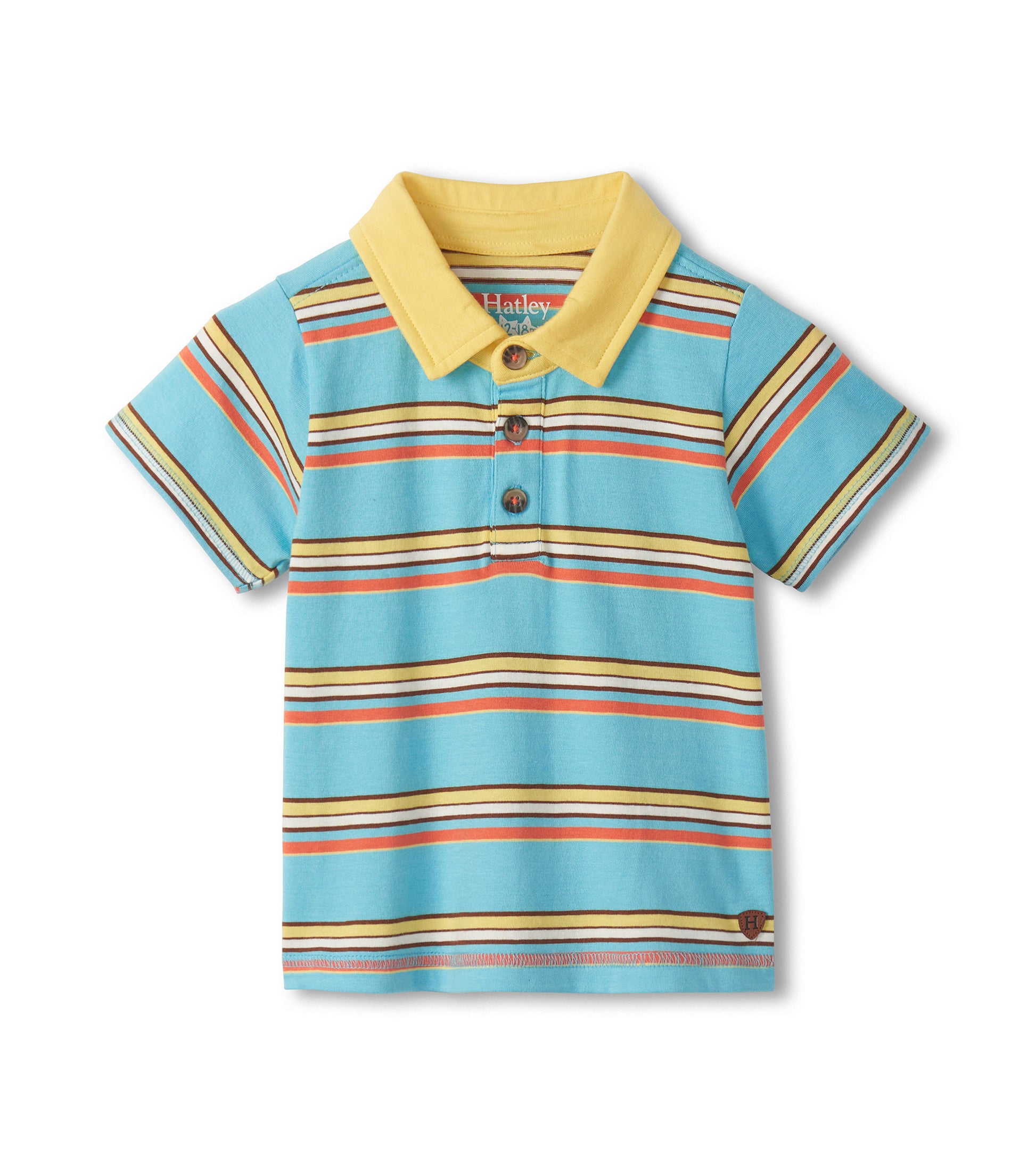 Blue striped short-sleeve polo shirt with yellow collar and button placket, front view
