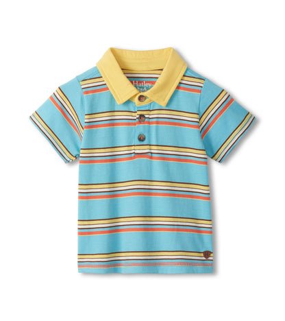 Blue striped short-sleeve polo shirt with yellow collar and button placket, front view