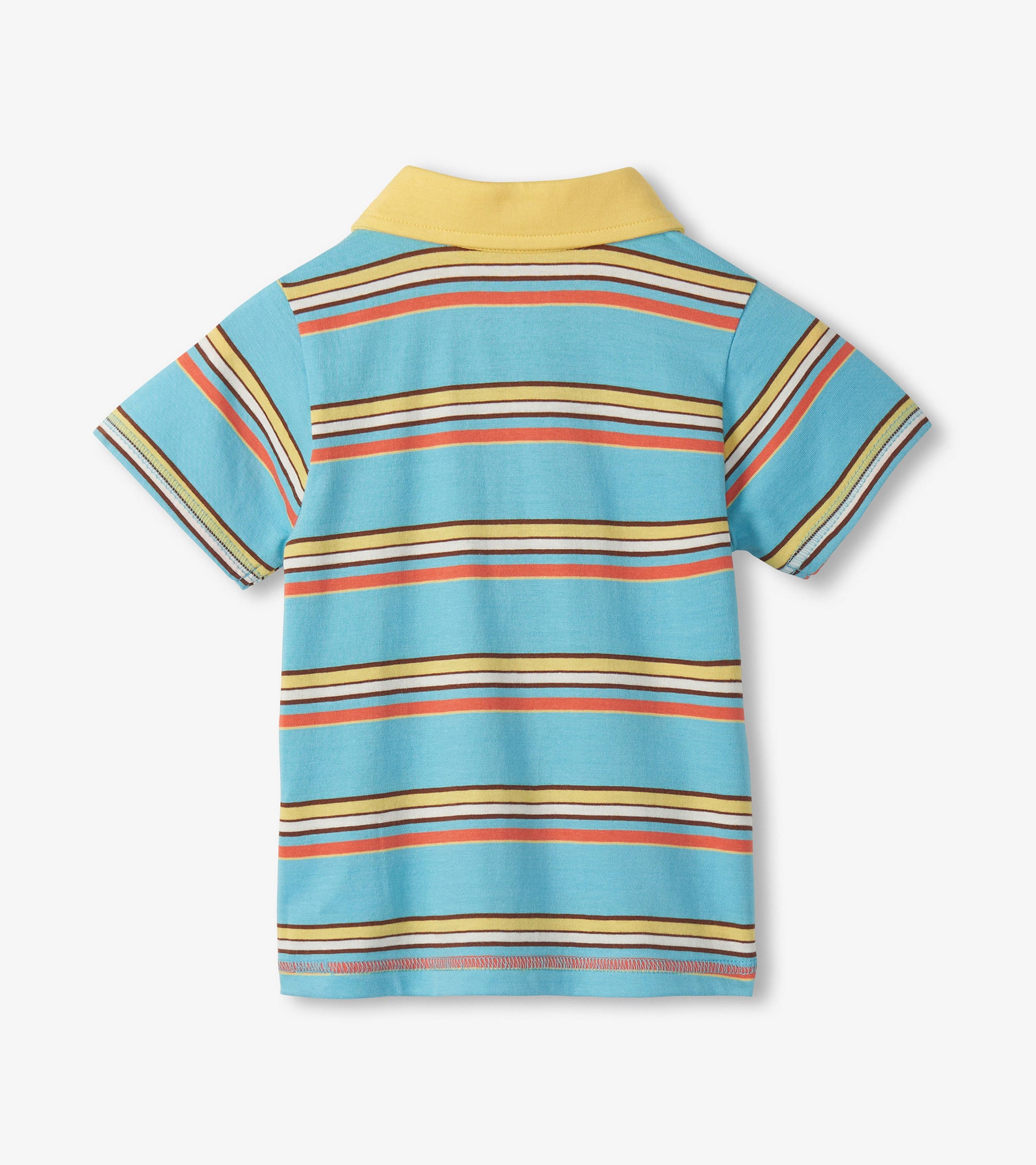 Back view of a blue striped short-sleeve polo shirt with yellow collar and multicolor horizontal stripes