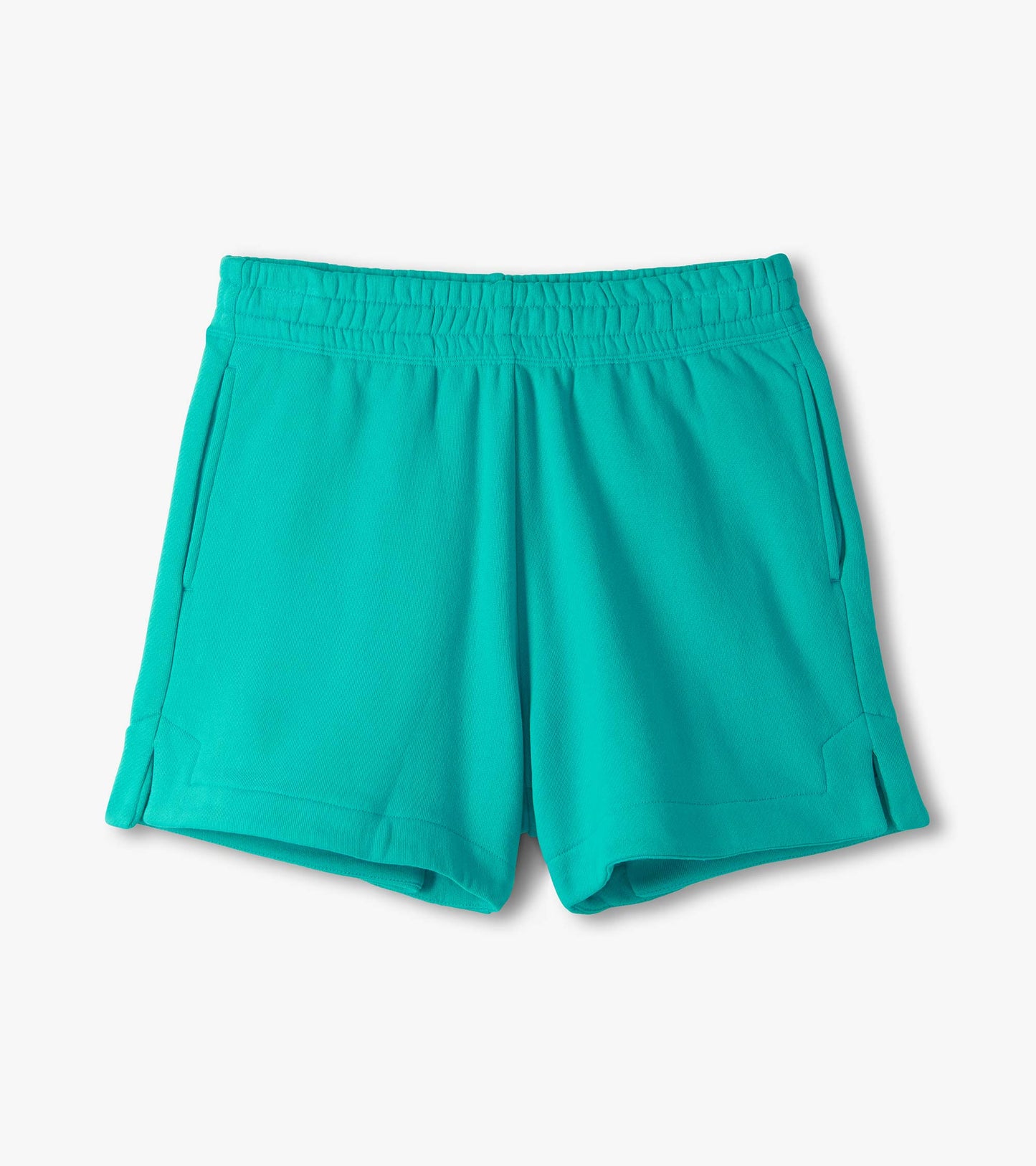 Turquoise knit shorts with elastic waistband and side pockets, front view