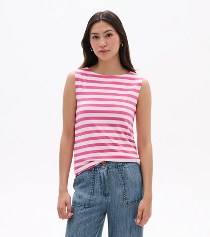 Sleeveless white tank top with pink horizontal stripes, shown front view on a model.