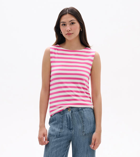 Sleeveless white tank top with pink horizontal stripes, shown front view on a model.