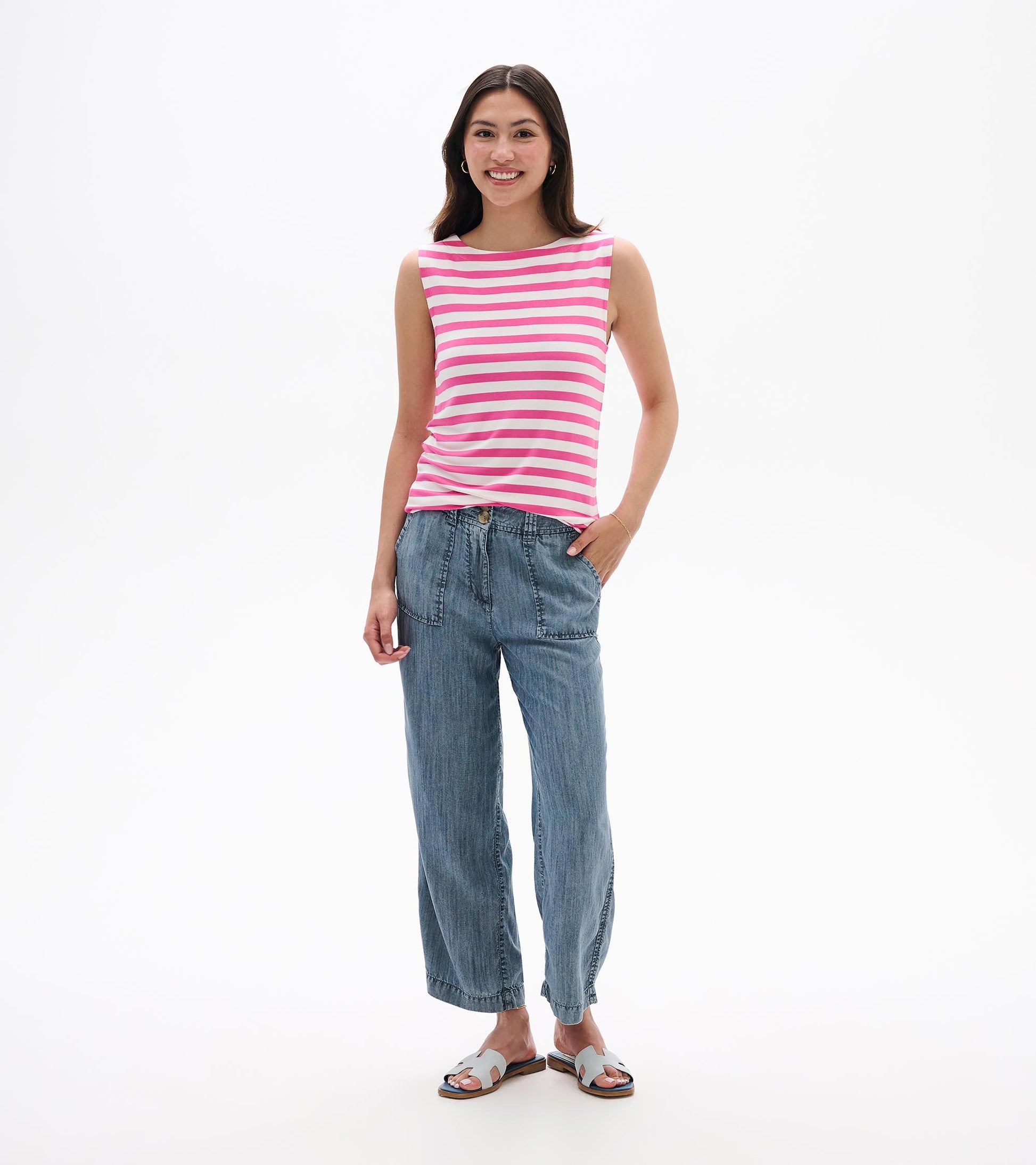 Sleeveless pink and white striped tank top, front view, worn with a boat neckline.