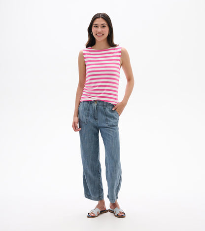 Sleeveless pink and white striped tank top, front view, worn with a boat neckline.