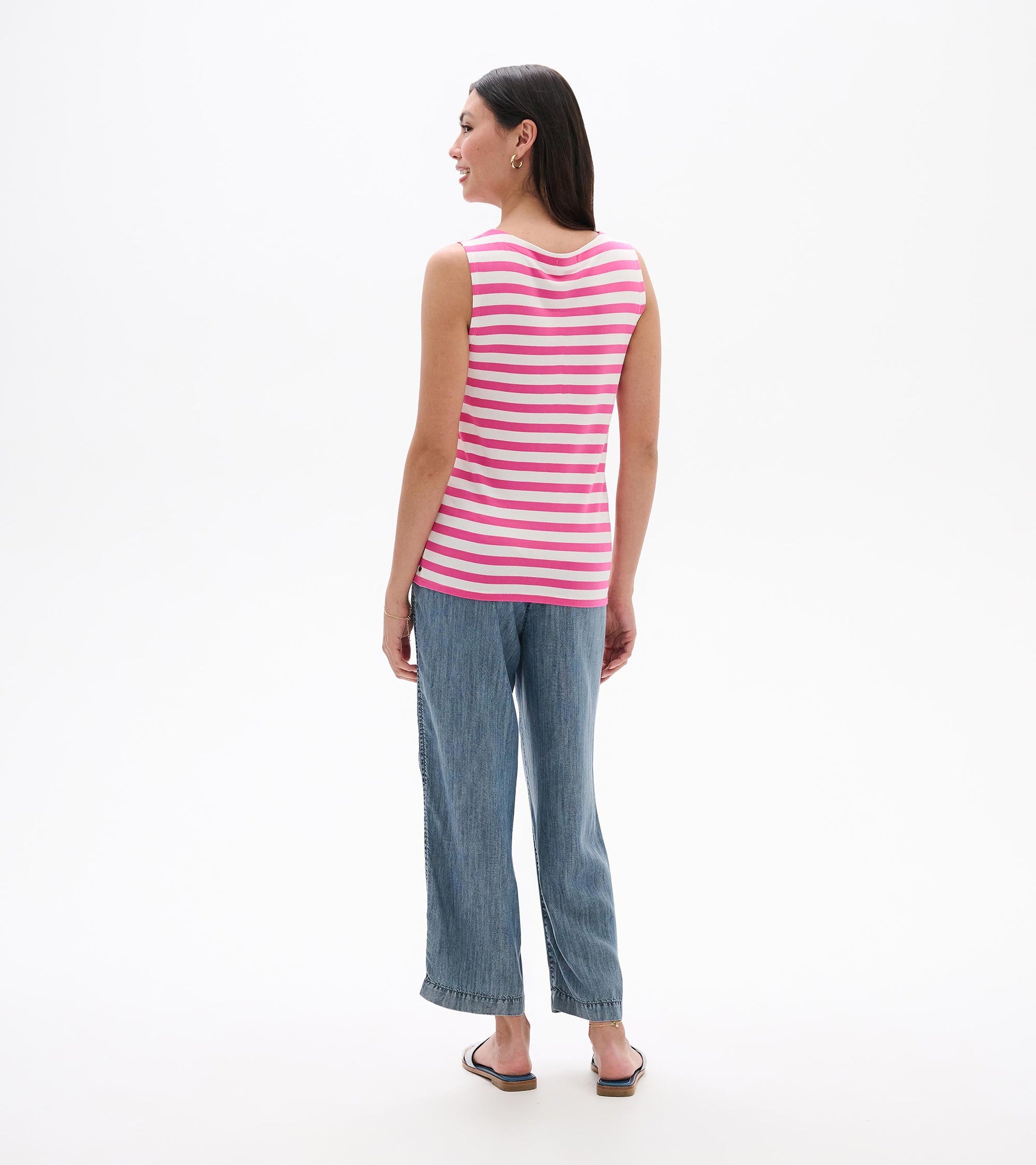 Back view of a sleeveless pink and white striped tank top with a scoop neckline and straight hem