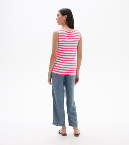 Back view of a sleeveless pink and white striped tank top with a scoop neckline and straight hem