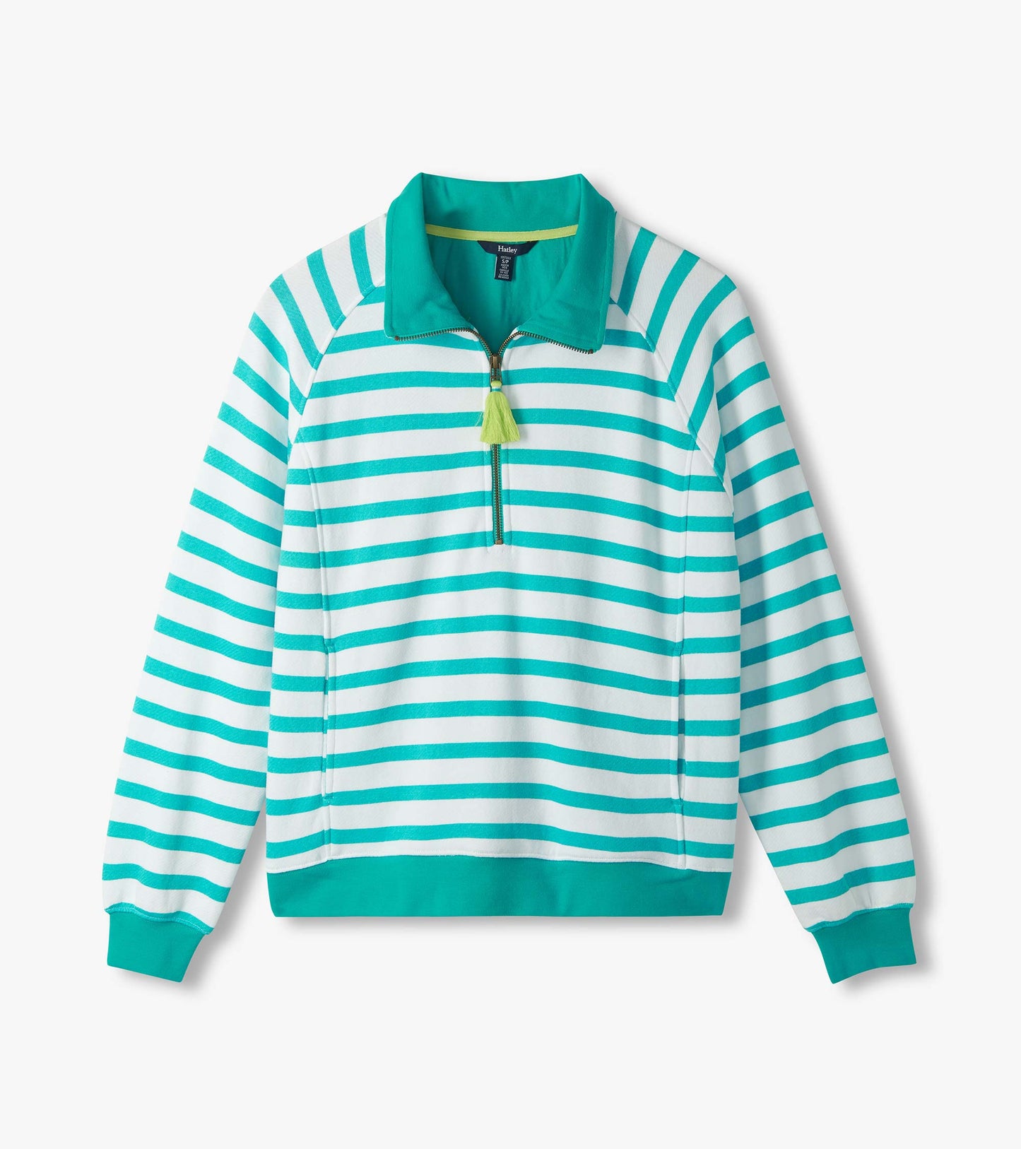 Green and white striped mock neck pullover with quarter-zip and long sleeves, front view