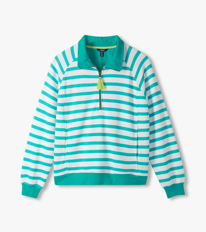 Green and white striped mock neck pullover with quarter-zip and long sleeves, front view