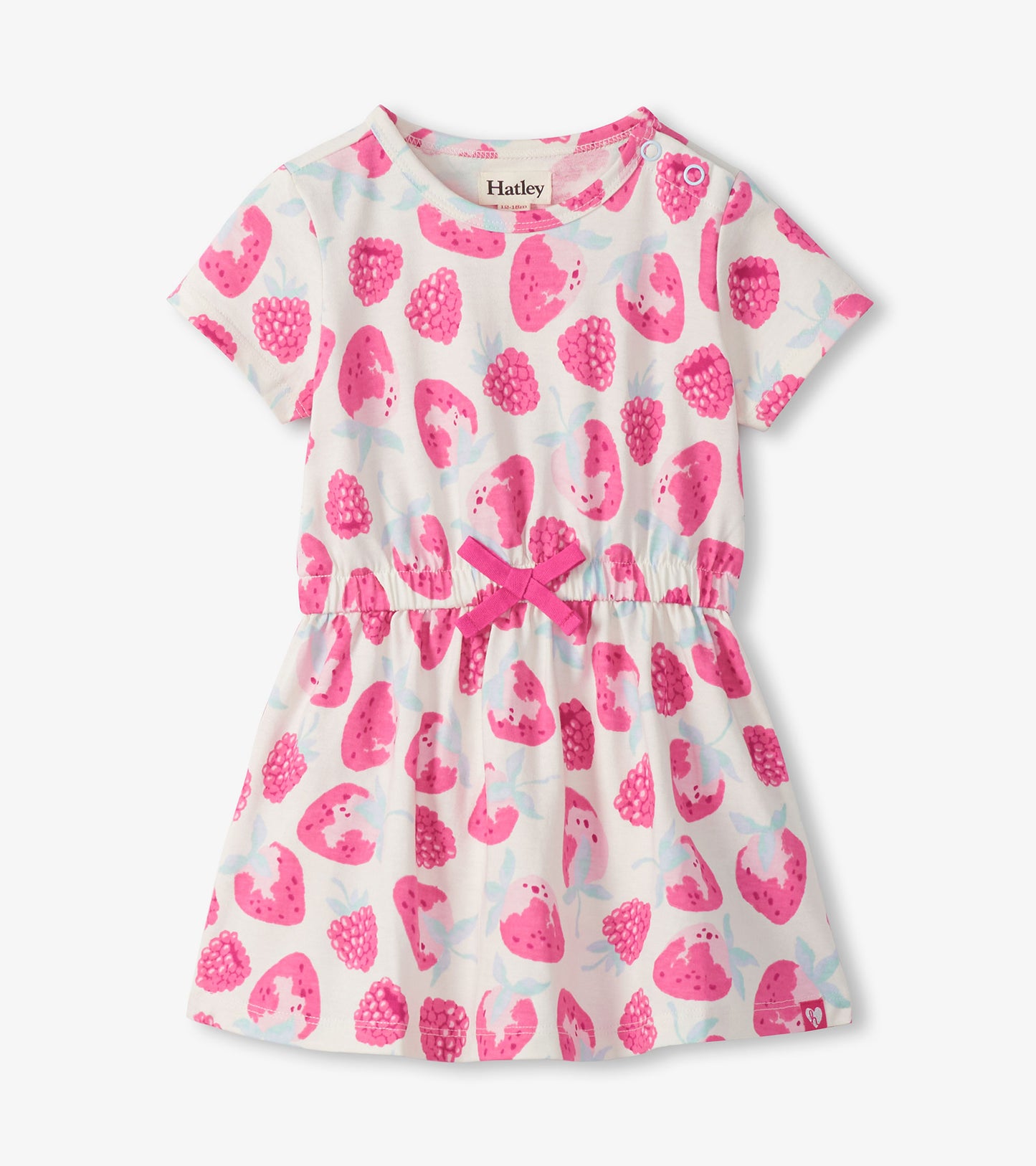 White short-sleeve toddler dress with pink berry print, gathered waist, and bow detail, front view