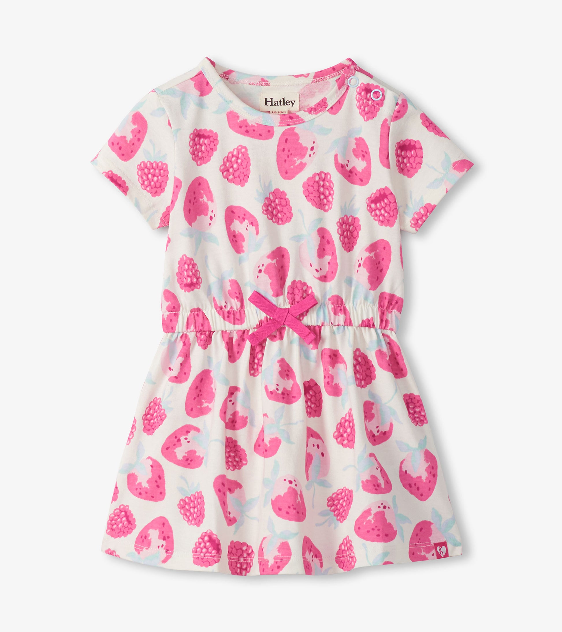 White short-sleeve toddler dress with pink berry print, gathered waist, and bow detail, front view