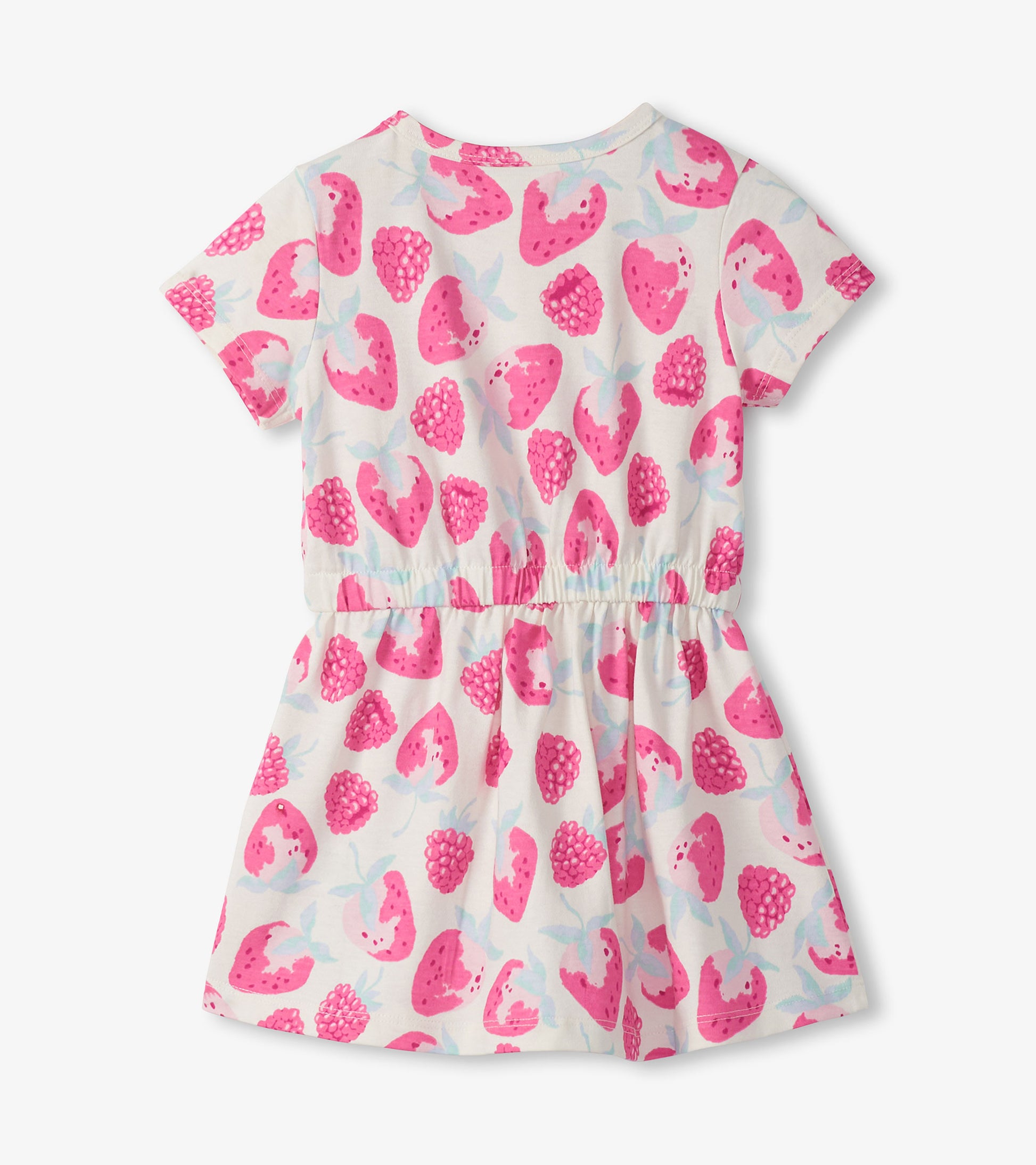 Girls short sleeve dress with pink berry print on white, gathered waist, front view