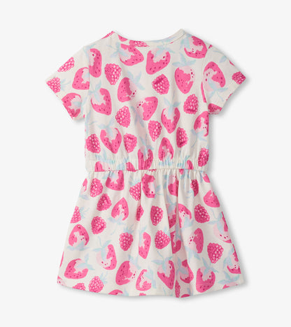 Girls short sleeve dress with pink berry print on white, gathered waist, front view