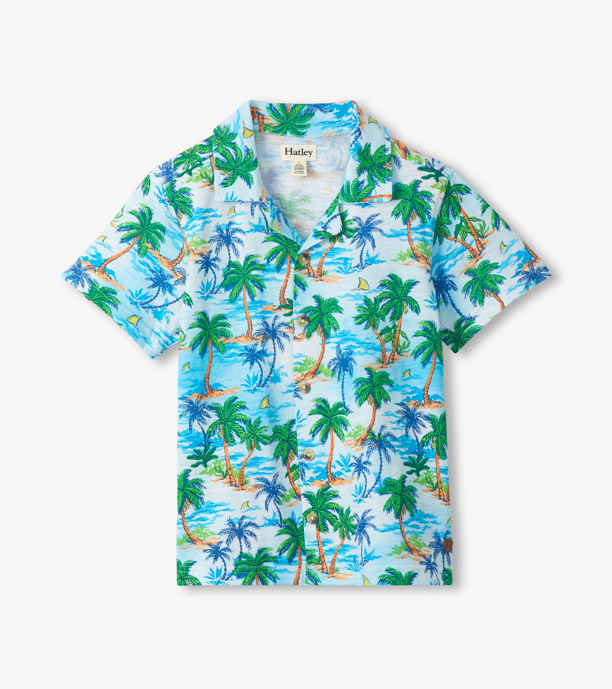 Short-sleeve button-down shirt with light blue tropical palm tree print, front view