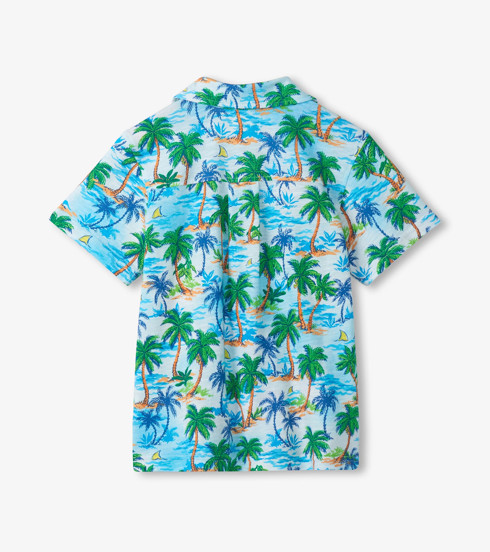 Light blue short-sleeve button-down shirt with tropical palm tree print, back view