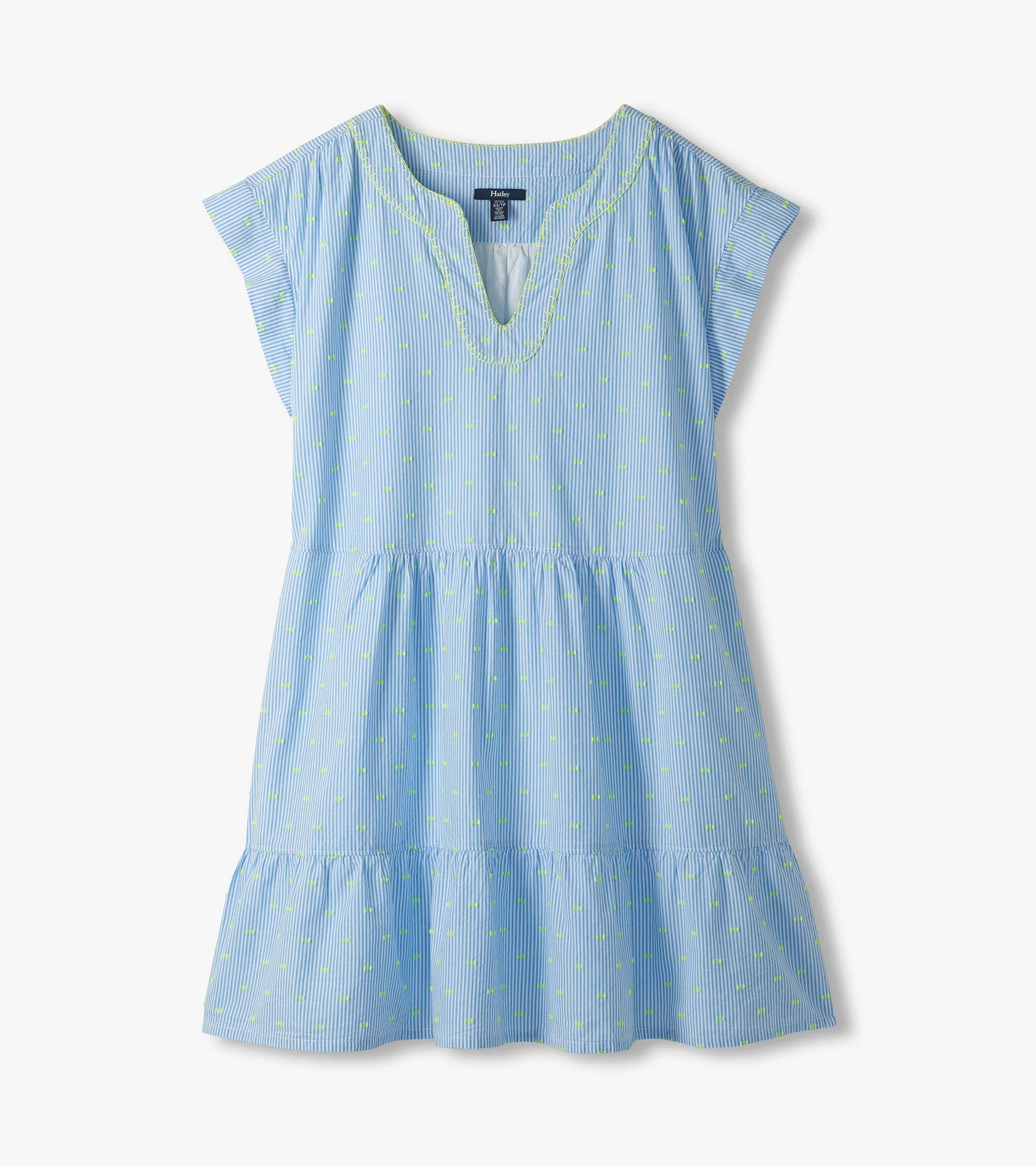 Blue and white striped Emerson dress with neon dots, split neckline, short sleeves, and tiered skirt