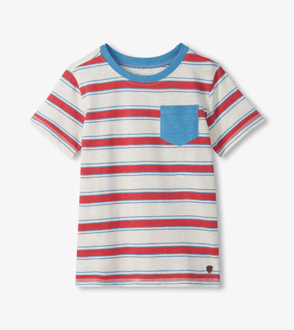 Boys white striped crew neck T-shirt with red and blue horizontal stripes and blue chest pocket, front view