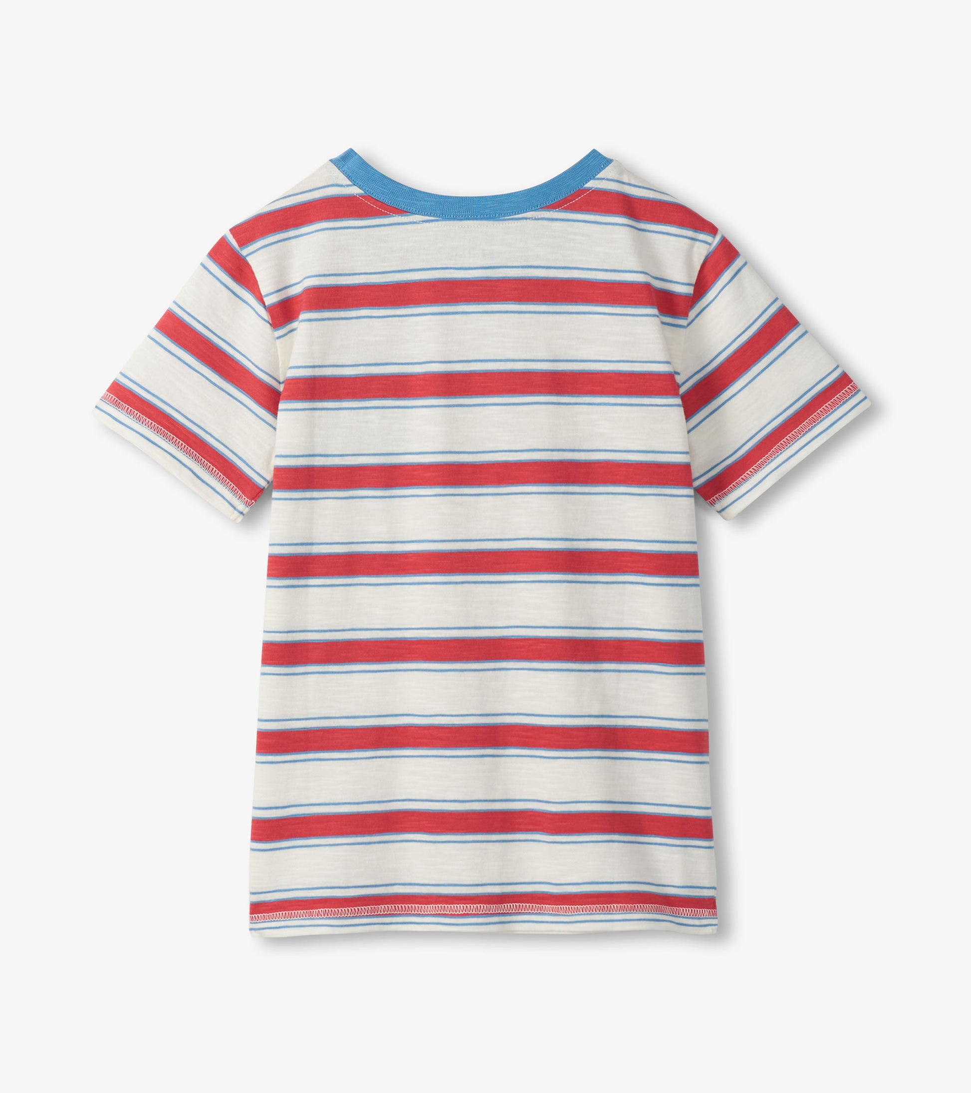 White crew neck T-shirt with red and light blue horizontal stripes, shown from the back