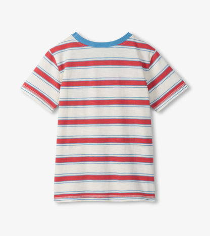 White crew neck T-shirt with red and light blue horizontal stripes, shown from the back