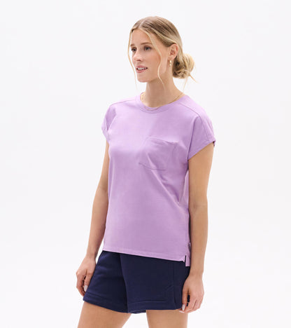Lavender relaxed short-sleeve tee with chest pocket, shown on a model from the front