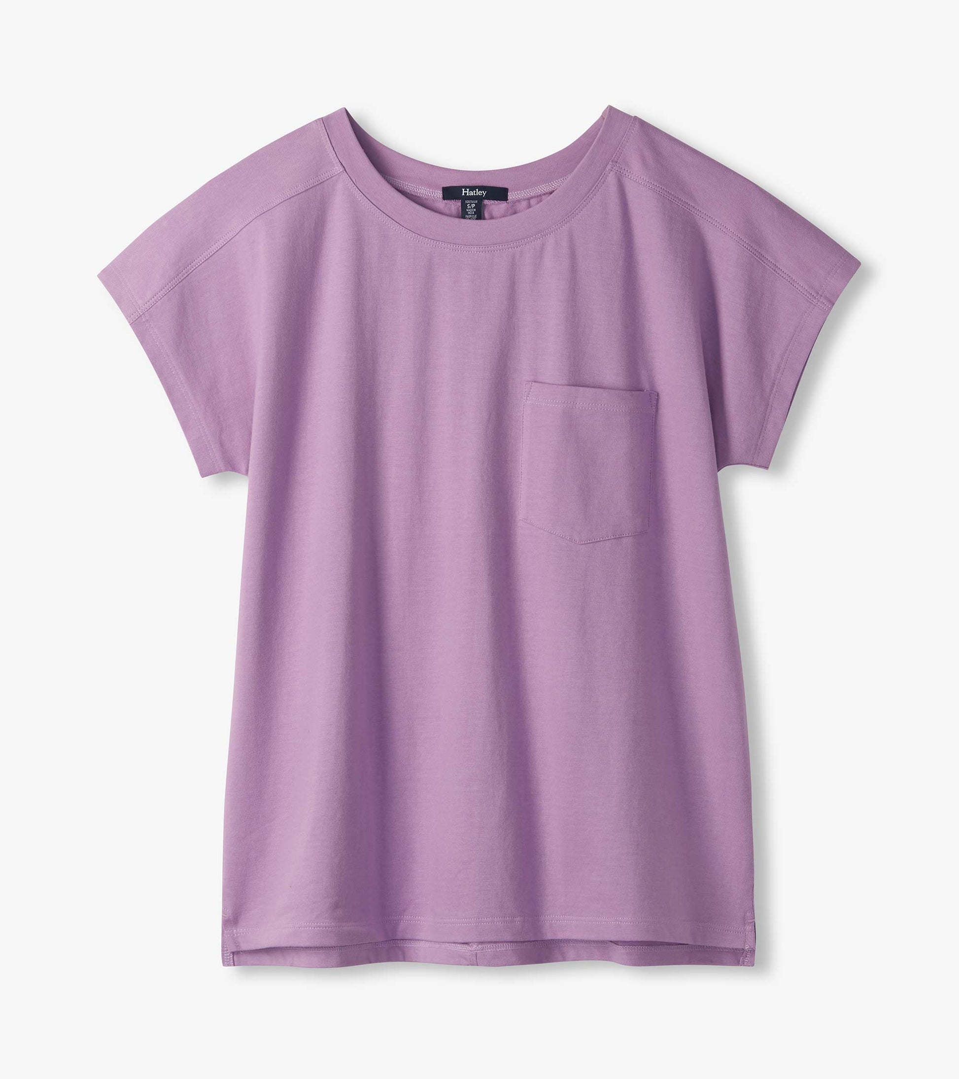 Lavender relaxed-fit short-sleeve tee with crew neck and chest pocket, front view