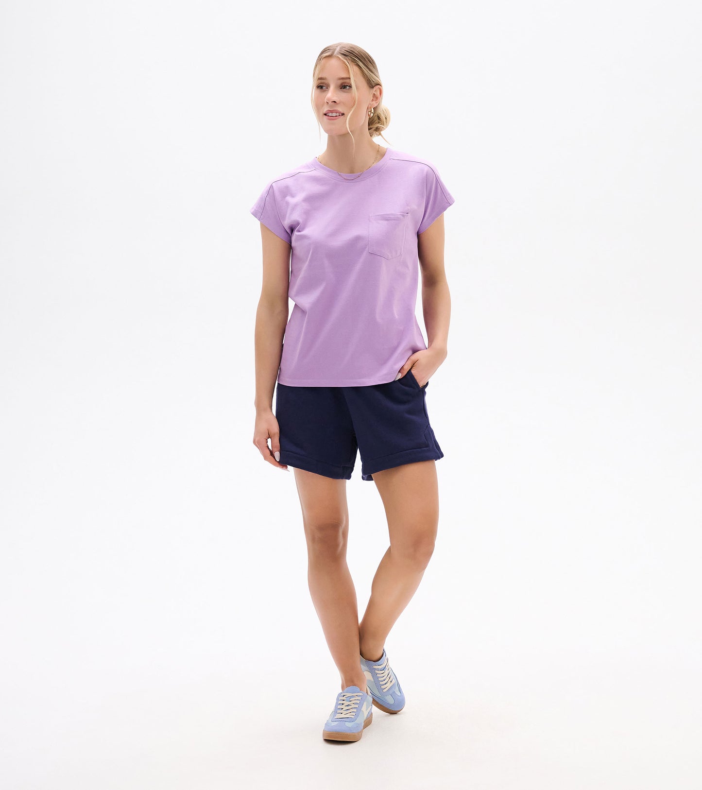 Lavender relaxed-fit short-sleeve tee with chest pocket, shown on a model front view