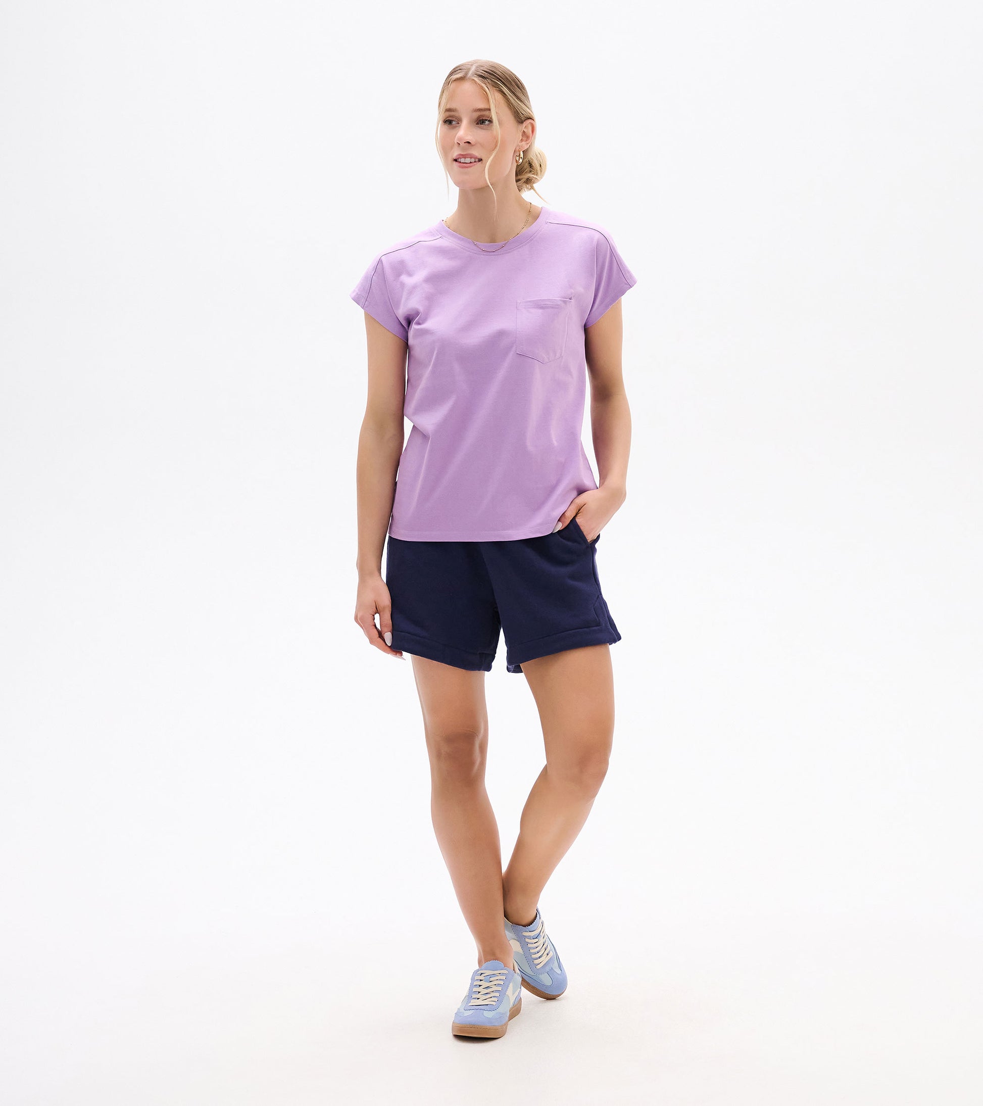 Lavender relaxed-fit short-sleeve tee with chest pocket, shown on a model front view
