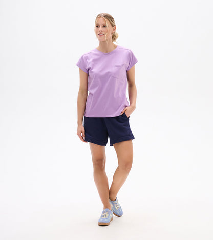 Lavender relaxed-fit short-sleeve tee with chest pocket, shown on a model front view
