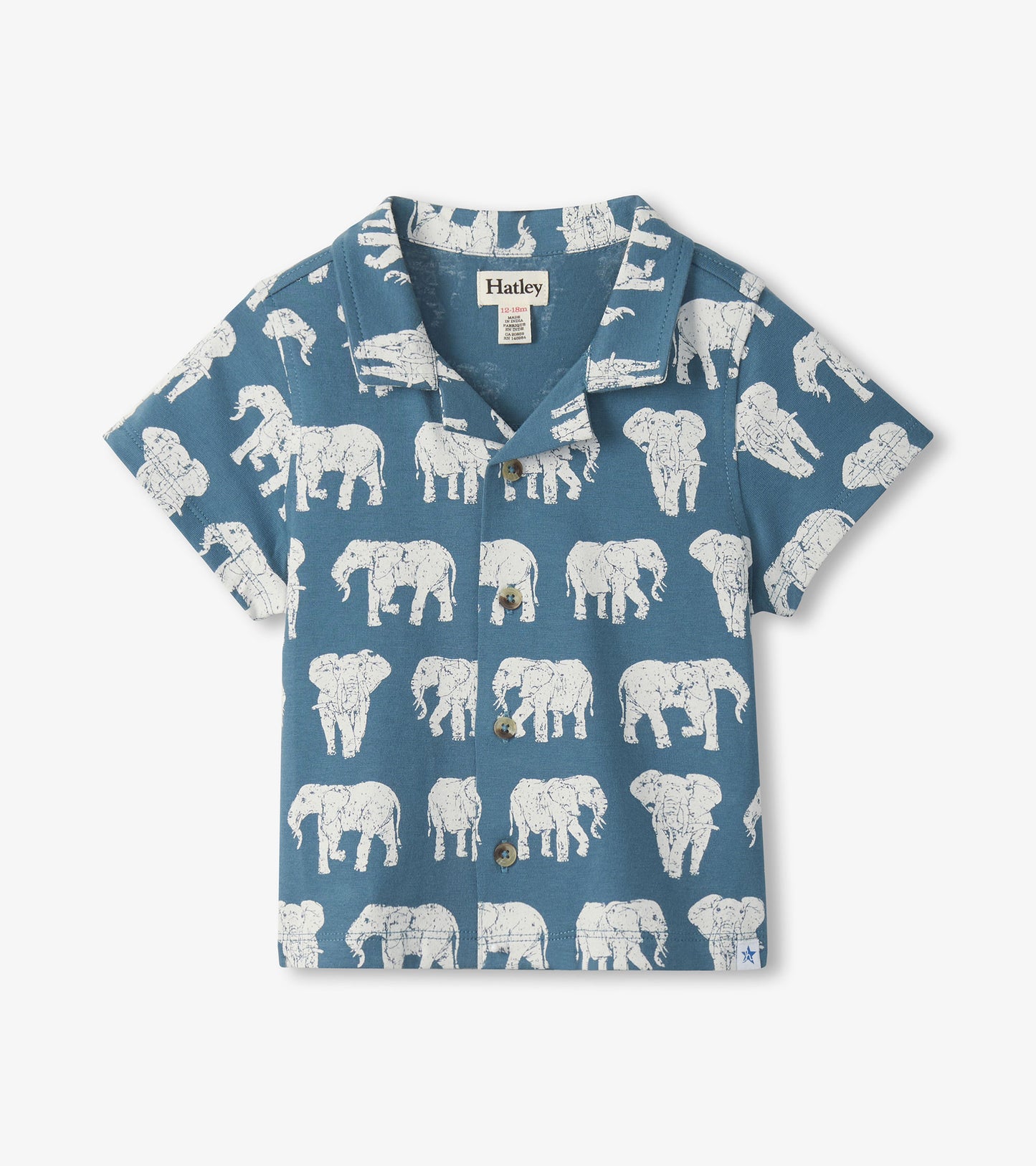 Blue short-sleeve button-down shirt with white elephant print, front view