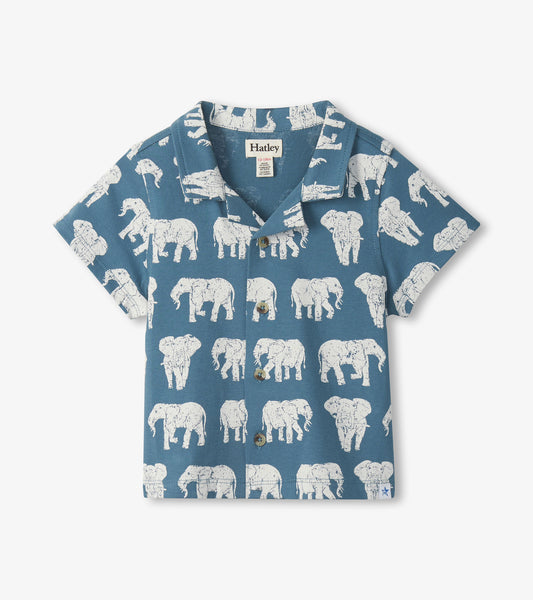 Blue short-sleeve button-down shirt with white elephant print, front view