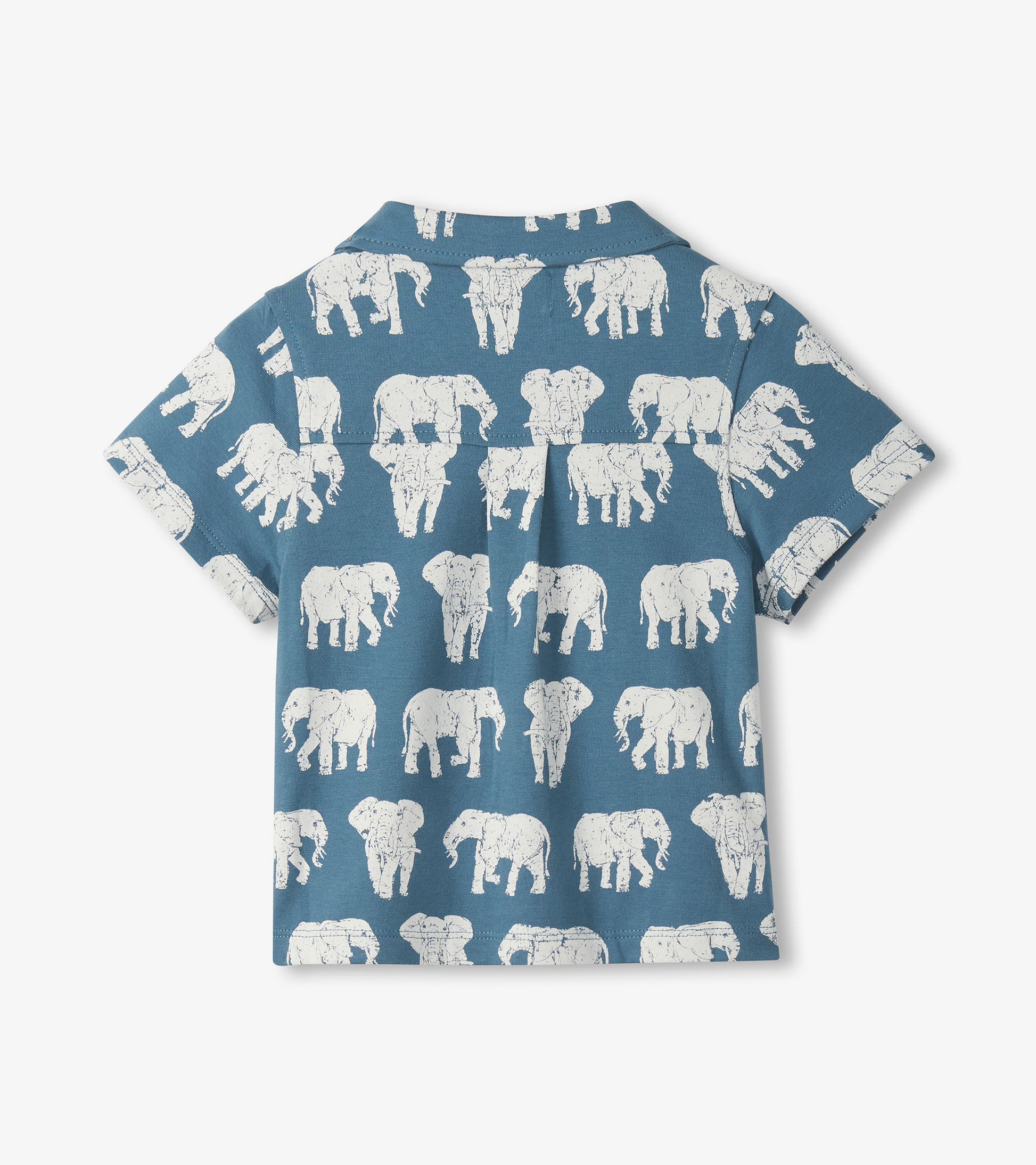 Blue short-sleeve button-down shirt with white elephant print, back view