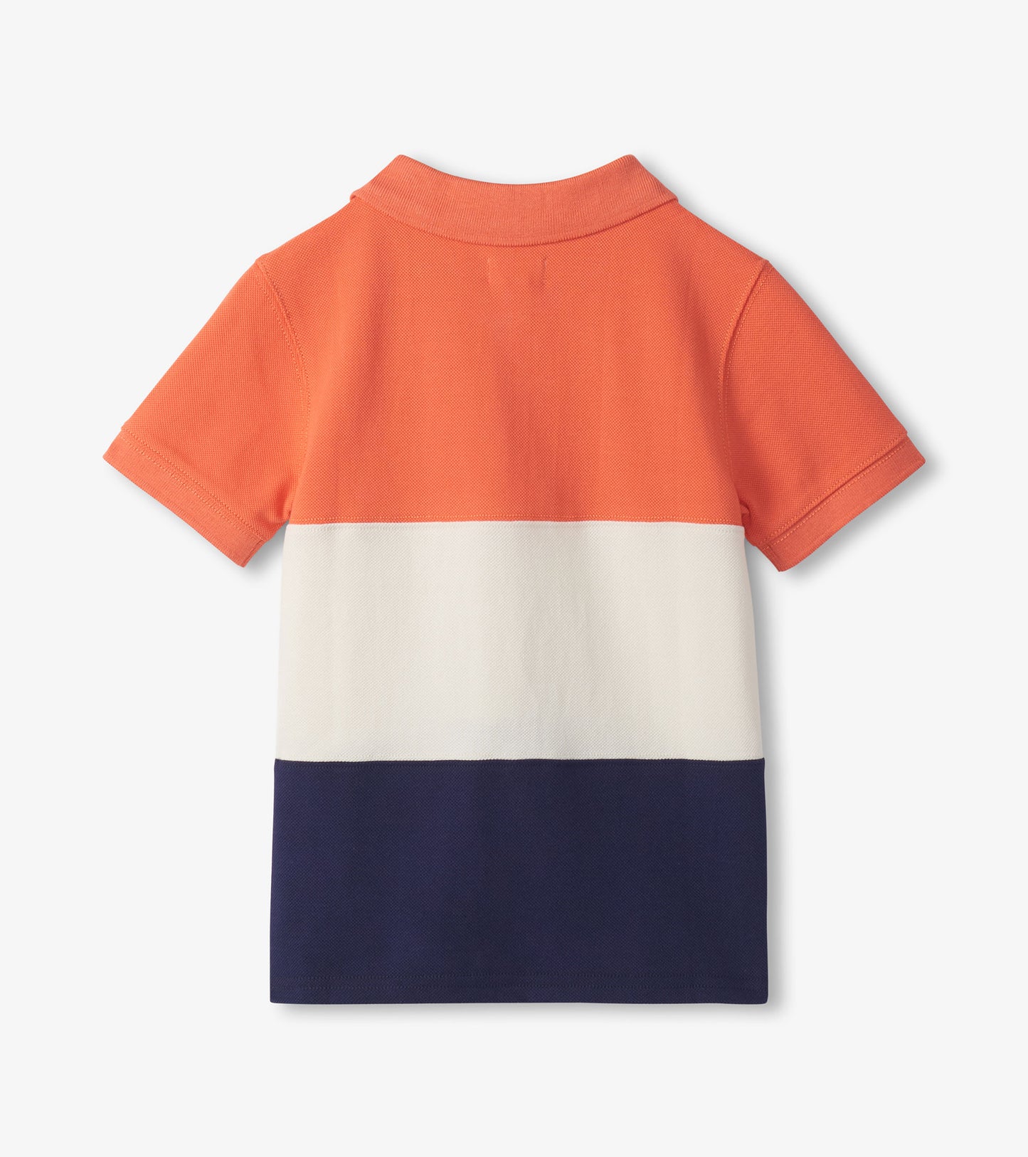 Back view of a boys' short-sleeve polo shirt with orange, white, and navy color blocks