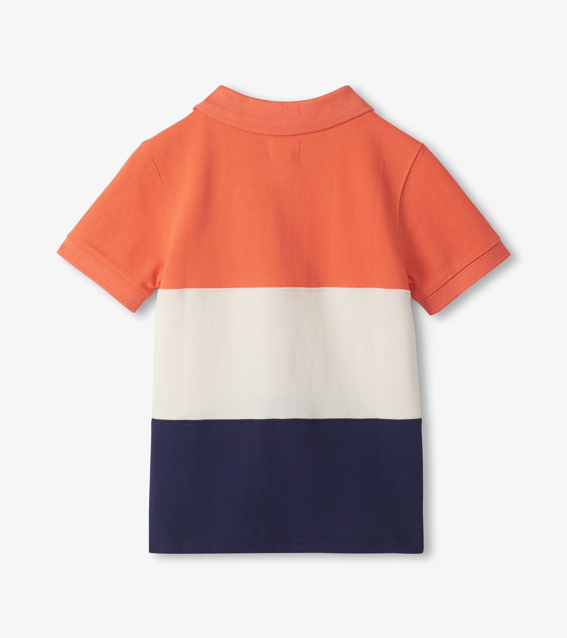Back view of a boys' short-sleeve polo shirt with orange, white, and navy color blocks