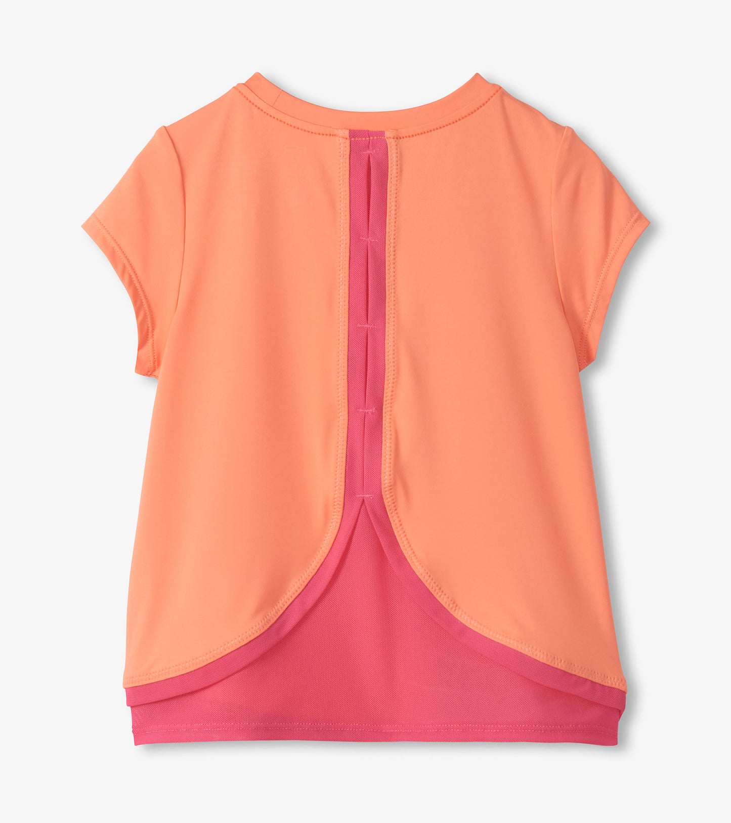 Girls coral short-sleeve T-shirt with pink mesh trim and layered back hem, front view