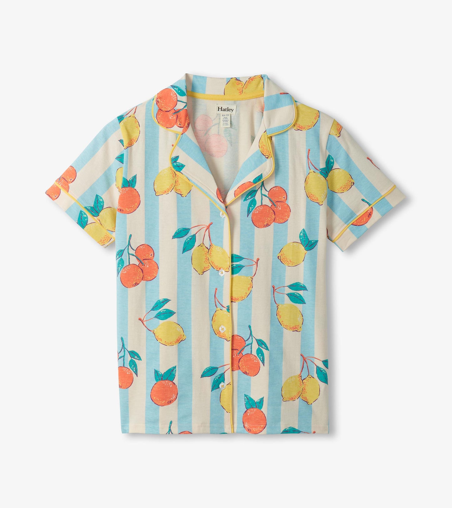 Women's pajama shirt with blue and cream stripes, citrus print, short sleeves, and yellow piping